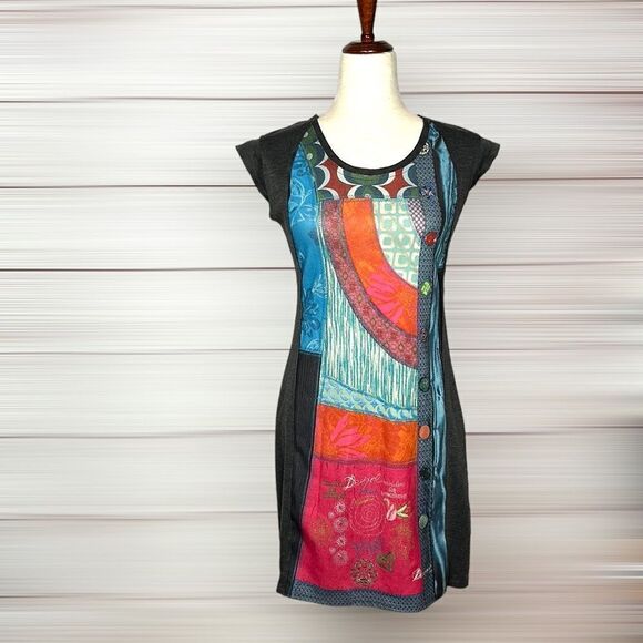 Desigual Patchwork Multicolor Front Sheath Cap Sleeve Fitted Mini Dress M - Picture 3 of 16